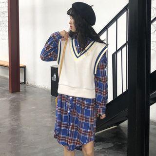 Long-sleeve Plaid Shirtdress / Contrast-trim V-neck Knit Vest