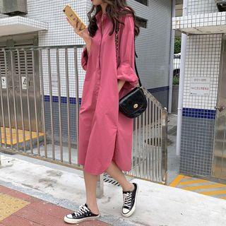Plain Long-sleeve Midi Shirt Dress As Shown In Figure - One Size