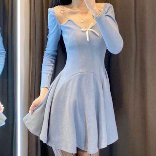 Long-sleeve Ribbon A-line Midi Dress Blue - One Size