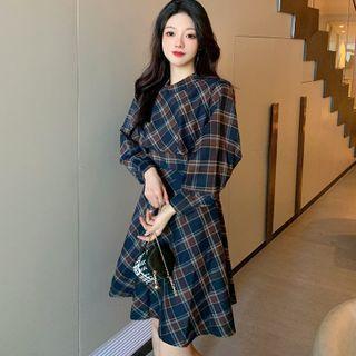 Lantern Sleeve Plaid A-line Dress