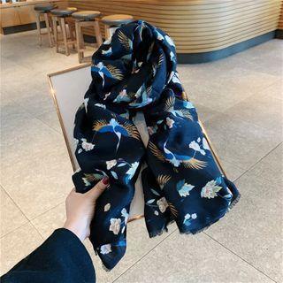 Crane Print Shawl Black - One Size