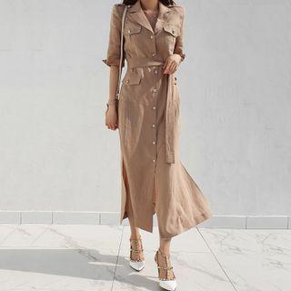 Elbow-sleeve Slit Maxi A-line Dress