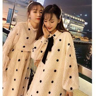 Polka Dot Long-sleeve Collared Dress / A-line Dress Short - One Size