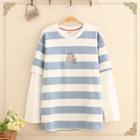 Inset Milk Embroidered Long-sleeve Striped T-shirt As Shown In Figure - One Size
