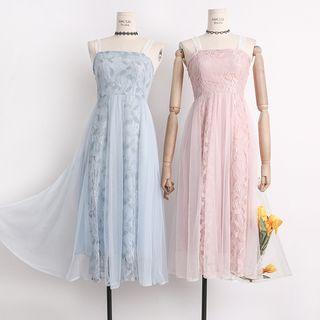 Mesh-overlay Sleeveless Lace Maxi Dress
