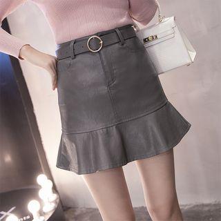 Ruffle Faux-leather Belted A-line Skirt