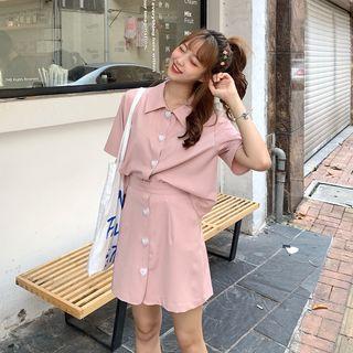 Sweetheart Buttoned Short-sleeve Blouse / Sweetheart Buttoned Mini Skirt