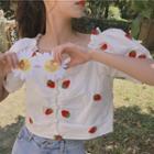 Puff-sleeve Strawberry Print Crop Top Short Sleeve - Strawberry - One Size