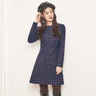 Long-sleeve Graph-check A-line Dress