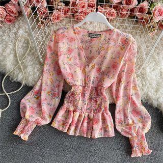 V-neck Floral Print Puff Sleeve Shirt