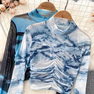 Long-sleeve Mock-neck Print Cropped Sheer Top