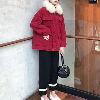 Furry Trim Button Coat / Knit Harem Pants