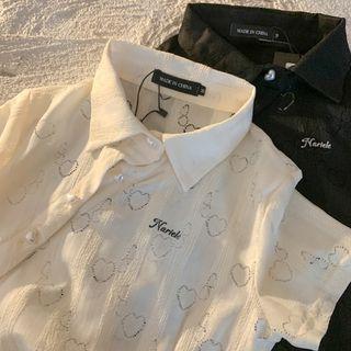 Short-sleeve Heart Print Asymmetrical Crop Shirt