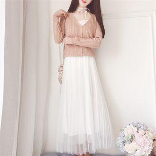 Set: V-neck Cardigan + Camisole + Maxi Mesh Skirt