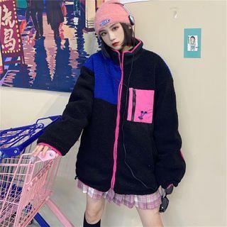 Color Block Fleece Zip Jacket Black & Blue - One Size