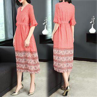Patterned Elbow-sleeve Midi A-line Dress