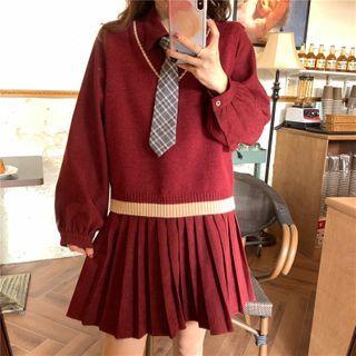 Long-sleeve Mini Shirtdress / Tie / Sweater Vest / Set