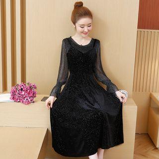 Long-sleeve Mock Two-piece Glitter Midi A-line Dress