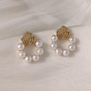 Sterling Silver Faux Pearl Mini Hoop Drop Earring 1 Pair - 1446 - White & Gold - One Size