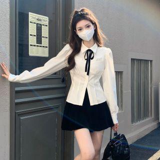 Long Sleeve Frill Trim Bow Accent Shirt / Pleated Velvet Mini Skirt