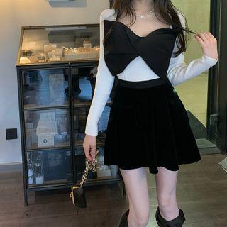 Long-sleeve Bow-accent Top + Velvet Mini Skirt