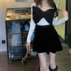 Long-sleeve Bow-accent Top + Velvet Mini Skirt