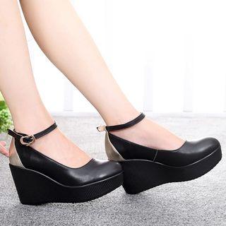 Genuine-leather Wedge Panel Ankle-strap Pumps