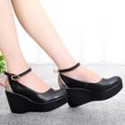 Genuine-leather Wedge Panel Ankle-strap Pumps