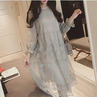 Long-sleeve Floral Embroidered Midi Mesh Dress