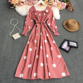 Square-neck Dotted Maxi A-line Dress
