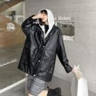 Inset Hood Faux Leather Jacket Black - One Size