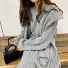 Mock Two-piece Long-sleeve Hooded Midi Knit Dress Gray - One Size