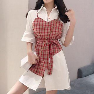 Mock Two-piece Elbow-sleeve Plaid Paneled A-line Mini Dress