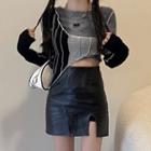 Long-sleeve Mock Two-piece Cropped T-shirt Black - One Size