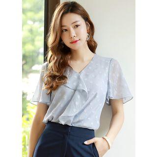 Bell-sleeve Ruffle-trim Dotted Chiffon Top