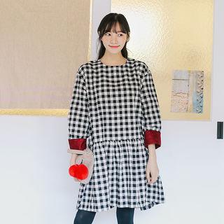 Contrast-cuff Ruffled Gingham Dress