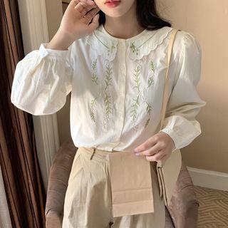 Puff-sleeve Floral Embroidered Blouse Light Almond - One Size