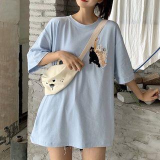 Elbow-sleeve Animal Embroidered T-shirt