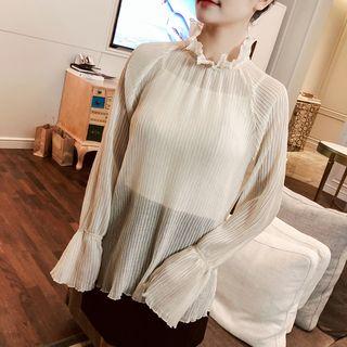 Lettuce Edge Bell-sleeve Mesh Top Almond - One Size
