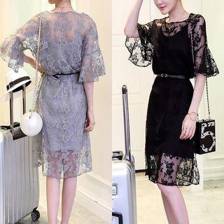 Set: Elbow-sleeve Lace Dress + Strappy Dress