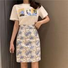 Short Sleeve Printed T-shirt / Floral Mini A-line Skirt