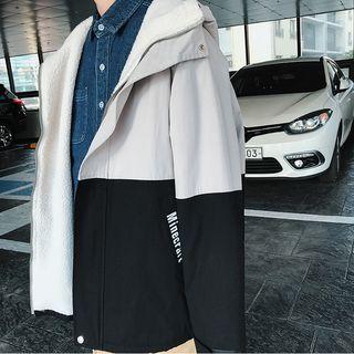 Lettering Furry-trim Hooded Two-tone Padded Coat