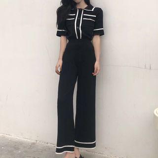 Set: Contrast Trim Short-sleeve Shirt + Wide Leg Pants Black - One Size