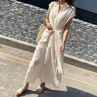 Linen Blend Knotted Maxi Shirtdress