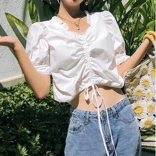 Ruffle Trim Drawstring Cropped Blouse / Straight-cut Jeans