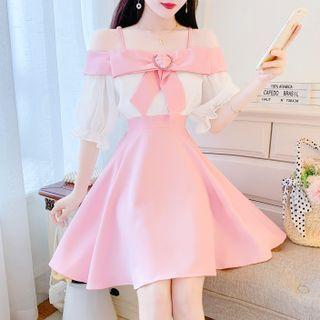 Puff Sleeve Off-shoulder Two-tone Bow-accent A-line Dress
