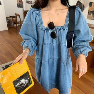 Denim Puff-sleeve Square-neck Mini A-line Dress As Shown In Figure - One Size
