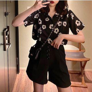 Set: Flower Print Short-sleeve Shirt + High-waist Wide-leg Shorts