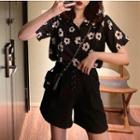 Set: Flower Print Short-sleeve Shirt + High-waist Wide-leg Shorts