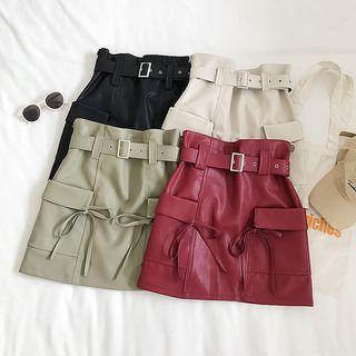 Side Pocket Faux-leather Mini Skirt With Belt